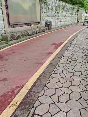 An outdoor shot with a pathway in the foreground. A red, painted path with a yellow line separating it from a stone-paved sidewalk on the right. A concrete wall lines the pathway on the other side. There's a sign and a trash can along the path. The image is bright with natural light, capturing a clear day.