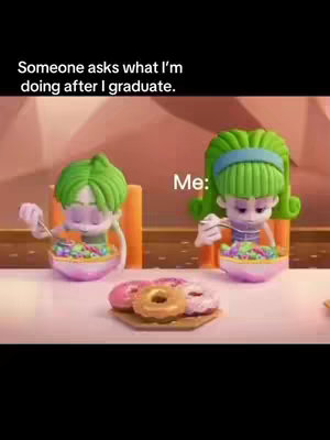 Two cartoonish figures are seated at a table, each with a bowl of food and a fork in hand. A plate of donuts sits between them. Text overlayed above reads, "Someone asks what I'm doing after I graduate.". The background suggests a light-colored interior.
