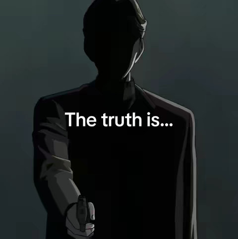 A shadowy figure of a person holding a gun is depicted against a dark backdrop. Text overlayed on the image reads, 'The truth is...'