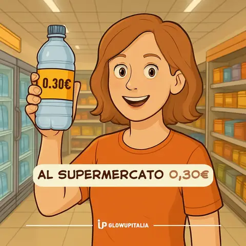An illustration of a woman smiling and holding up a bottle of water in a supermarket setting. The woman is wearing an orange shirt and has short, reddish-brown hair. She's holding the water bottle with a sticker on it that reads '0.30€'. The background shows shelves stocked with various items, suggesting a grocery store environment. Below the woman, there is a text box with the words 'AL SUPERMERCATO 0,30€', and smaller logos and text indicating the video's brand.