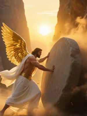 A scene depicts an angel pushing a stone away from a tomb. The angel has golden wings and wears white clothing. The tomb is set in a rocky landscape with a bright sunset in the background.