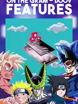 The cover image features a vibrant composition with a phone design in the center, upon which three floating heart icons overlap. The background is split between a gradient of purple and a vibrant teal, with stylized cloud shapes. The bottom half of the image showcases six anime characters from the Dragon Ball and Naruto series. Text at the top in bold capital letters appears to be a title or heading.