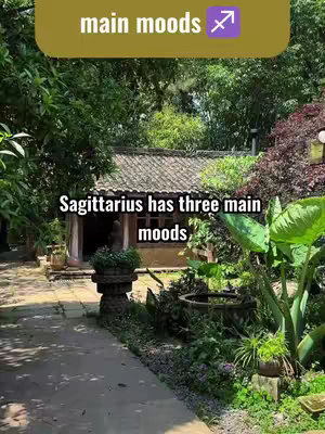 A serene outdoor shot captures a pathway leading to a small, traditional building with a tiled roof, surrounded by lush greenery. The foreground features a stone-paved walkway, flanked by vibrant plants and shrubbery. A golden-brown banner with white text overlays the top, while a text overlay along the bottom describes the content related to the zodiac sign of Sagittarius.