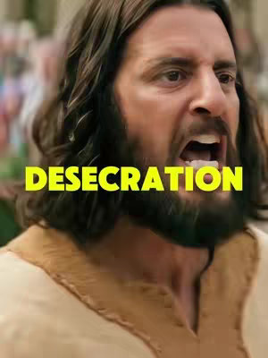 The cover image depicts a close-up of a light-skinned man with long, flowing dark brown hair and a full beard, likely portraying Jesus. His mouth is wide open in an expression of anger or outrage, visible in the intense facial features. The background is slightly blurred, with hints of other figures, and the colors are muted, with the man wearing a cream-colored tunic. A yellow text overlay that says "DESECRATION" is prominently placed across the image.