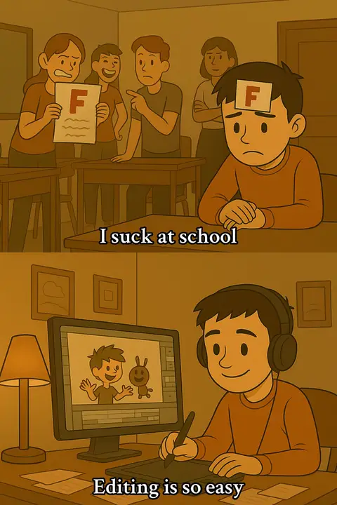 The cover image shows a two-panel cartoon. The top panel depicts a classroom scene where a boy with an "F" on his forehead stands while other students and a teacher look at him. The bottom panel shows the same boy, now older, smiling while editing on a computer with headphones on. The text overlays read "I suck at school" and "Editing is so easy". The color scheme is sepia-toned with a focus on the boy's transition from failure to success.