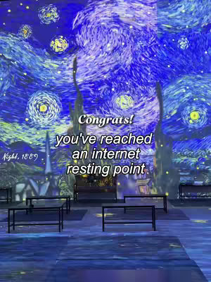 The image is styled after Van Gogh's 'Starry Night' with a dark blue and yellow color palette. The foreground features a series of dark tables. The background showcases a stylized sky with swirling patterns, stars, and stylized trees. Text is overlaid in white.