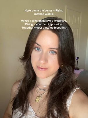 A woman with long, dark hair and blue eyes looks directly at the camera. The background is a light-colored wall, and text overlays the image explaining the Venus + Rising method for glow-up.