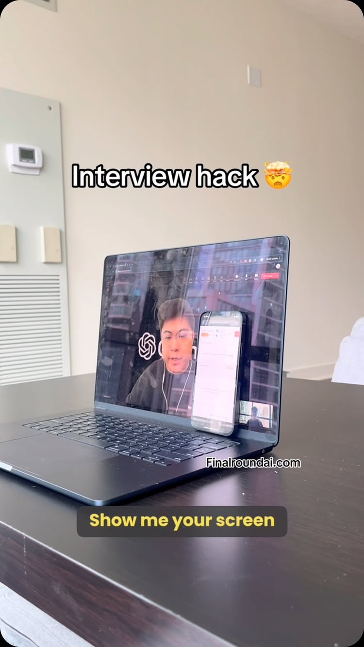 A laptop displays a video call with a man, and a phone resting next to it shows a screen recording. Text overlays indicate the video's theme.