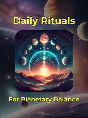 The cover image features a stylized depiction of a celestial scene. A central element is a dark, squared-off shape in the center, which appears to be a representation of the earth, with light emanating from the earth's core. On both sides of this central element, there are rows of planets, arranged in an arc around a luminous circle, presumably representing the cosmos. It is a vibrant, artistic portrayal, potentially geared towards astrological or spiritual content, with a color palette that emphasizes cool blues, greens, and warm yellows and oranges. The words "Daily Rituals" are in a yellow font at the top and at the bottom in the same font it reads "For Planetary Balance".
