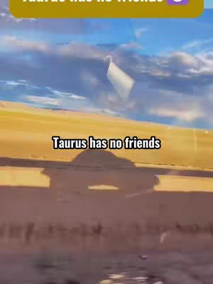 The image features a desert landscape with shadows, a cloudy sky, and overlaid text. A dark, silhouetted shape, possibly a car, is visible against a blurred background. The text overlay states, "Taurus has no friends" in a bold, white font, centered in a black rectangle.