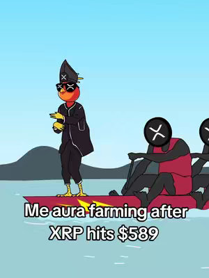 An animated image with a light blue sky background. A cartoon bird figure in the foreground, wearing a black suit, sunglasses, and a bishop's hat with an 'X' on it, dances on a red boat. Behind it are two more figures with the 'X' logo on their faces, rowing the boat on a body of water. Text overlays indicate the meme's context.
