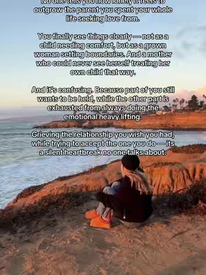 A woman sits on a bluff overlooking the ocean, facing away from the camera. Above her, text overlays the image with a message about outgrowing a parent.  The color palette is warm with golden hour lighting; the landscape includes rocky cliffs and the ocean.