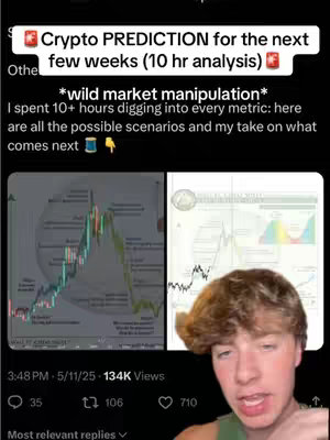 The cover image features a split-screen with text overlays. On the left, a stock chart with red and green bars, suggesting market data, is displayed. On the right, another chart with a line graph and a portion of it colored in green. Beneath these, the creator's face is visible, appearing to be talking. Text at the top declares 'Crypto PREDICTION for the next few weeks'.