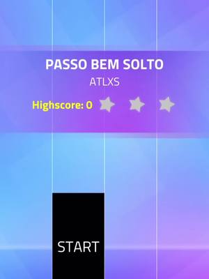 A screenshot from the game Magic Tiles 3. It has a grid of tiles with a purple top bar and features the phrase 'PASSO BEM SOLTO', score indicators with stars, and a large black 'START' button at the bottom.
