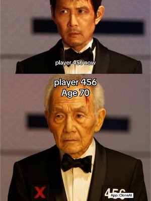 The image is a split panel showing two portraits of the same man, presumably an actor, with the top half of the panel showing a younger version of him and his expression of concern. The bottom half shows the man older. Both are wearing black tuxedos. The top image labels him as "player 456 now", while the bottom image says "player 456 Age 70".