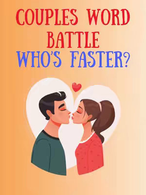 A graphic for a couples quiz. The background is an orange gradient. In the center, a large heart shape is filled with a lighter peach color. Inside the heart is an illustration of a man and woman kissing with closed eyes. Above them is a small red heart. The text overlay at the top reads 'COUPLES WORD BATTLE' on the first two lines, and 'WHO'S FASTER?' on the third line. These are written in a large, bold font.