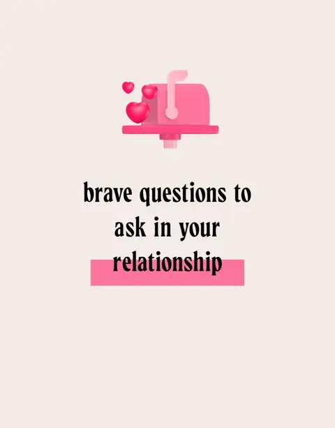 The cover image has a pastel-colored background. The main element is a stylized, pink mailbox with three pink hearts floating above it. Below the mailbox is the text, "brave questions to ask in your relationship," with the word "relationship" highlighted by a pink rectangular box.