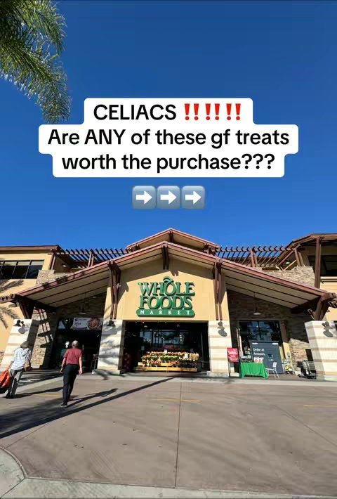 The photo shows the front of a Whole Foods Market with a blue sky overhead. A text overlay asks a question related to Gluten-Free treats. A person is walking into the store.