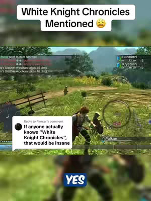 The cover image displays gameplay from the video game "White Knight Chronicles." In the foreground is a game character standing in a grassy area with a weapon, the background showing distant mountains and trees. A dialogue box suggests a question about the game. Overlayed text at the top reads "White Knight Chronicles Mentioned" with a worried emoji and a "Yes" text at the bottom.