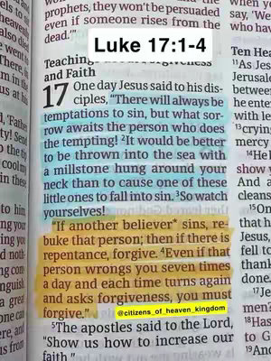 The image displays an open book page with text highlighted in various colors. At the top, in a white box, is the text "Luke 17:1-4." The text on the page appears to be a passage from the Bible. Parts of the tex are highlighted in blue and yellow.