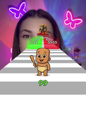 The cover image shows a split screen, with a road-like structure containing the cartoon character of a baby holding a bat. The upper part contains a woman's eyes and forehead, two neon-like butterfly lights, text boxes with green and red background. The baby character is standing on the road-like structure with the number "99" written at its bottom.
