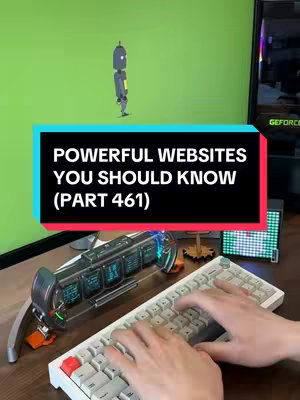 The cover image features a desktop setup. A person's hands type on a white keyboard at the bottom of the frame. Overlaid on top is a rectangular bar with the text 'POWERFUL WEBSITES YOU SHOULD KNOW (PART 461)'. Behind the text bar, a complex mechanical device is visible. In the background is a computer screen, and a green chroma key.