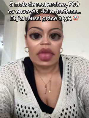 A woman with a filter applied that enlarges her eyes and lips looks directly at the camera. Text is layered above her, describing the amount of time spent searching, applications sent, and interviews had.