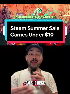 The cover image is a vertical composition, with a creator at the bottom and a background image at the top. The background image is an animated graphic with a light orange, pink, and turquoise color scheme, featuring a title overlay that reads "Steam Summer Sale Games Under $10" within a black banner. Below this is a section that shows a man with a blue cap, positioned at the bottom of the image, speaking into a microphone, with the text "SALE IS HERE" overlaid above him..