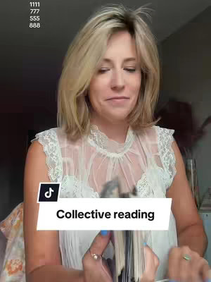A woman with blonde hair holds a deck of cards, presumably for a tarot reading. She wears a white, lacy top and has a slightly smiling expression. Overlayed is a black rectangle with white text that reads "Collective reading," set against a background where various color and number combinations frame the top left.