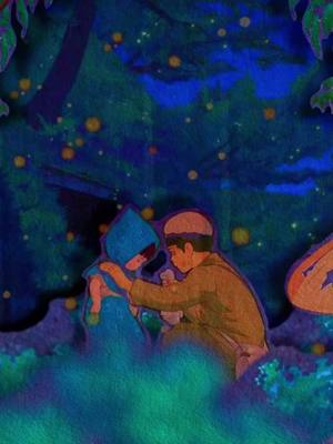 The image is a digital illustration with a dreamy, artistic style. It depicts a scene with two figures, likely children, in an environment suggestive of a forest or enchanted area, filled with lush, stylized foliage in shades of blue and green. The figures are central and appear to be in an embrace or interaction, with one figure wearing a hooded outfit, emphasizing the intimacy of the moment. The color palette is dominated by cool tones, enhanced with pops of orange and yellow to create visual interest, and a sense of wonder or fantasy is created through the composition and lighting.