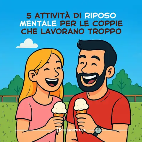An illustration depicting a smiling couple, a man and a woman, holding ice cream cones. They are positioned in a park-like setting with a blue sky background. Text overlays the image, and a social media handle is visible at the bottom.