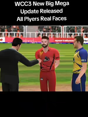 An image from a cricket video game, showing three characters in a stadium setting. Text at the top announces an update. The characters, rendered in a 3D style, show a conversation with a man in a suit pointing towards two cricket players and a cricket field. The colors are vibrant with greens and oranges.
