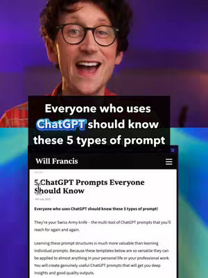 A man wearing glasses is smiling with an open mouth, appearing excited. Behind him is a colorful background. In front of him, a screen displays text overlaid with a headline reading "Everyone who uses ChatGPT should know these 5 types of prompt"