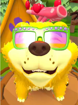A close-up shot features a cartoon character resembling a yellow, furry creature with a big smile, wearing large green-framed sunglasses. The background shows a tent and other elements suggesting an outdoor setting.
