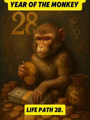 An illustration features a brown monkey holding two gold coins, positioned between a stack of money and a bag marked with a dollar symbol; the setting includes various gold coins and a background that appears to be an ornate, vintage interior. The upper portion reads "YEAR OF THE MONKEY", and a lower label says "LIFE PATH 28."