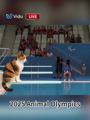A video cover image shows a calico cat sitting on a diving board, with a swimming pool, spectator seating, and what appears to be media personnel in the background. The cat is the focal point, set against the backdrop of a sporting event. Text overlays read '2025 Animal Olympics' and "LIVE".