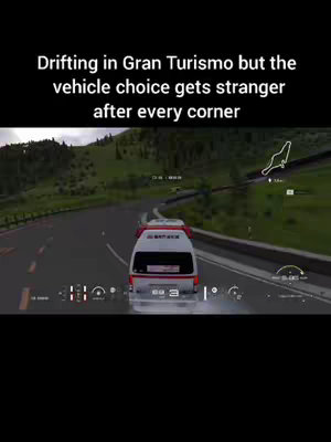 A video game screen capture showing a white ambulance drifting on a road within a racing game track. The game's interface is present at the top left and bottom of the screen, with a road winding through a green, hilly landscape. Text overlayed in the image says 'Drifting in Gran Turismo but the vehicle choice gets stranger after every corner'