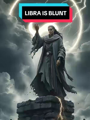 A digital illustration showing a figure standing atop a stone structure against a backdrop of stormy clouds and lightning. The figure, resembling a wizard or sorceress, wears a long, flowing grey robe and has their arm raised, palm open towards a bright light. Above the figure, a text overlay reads:
LIBRA IS BLUNT