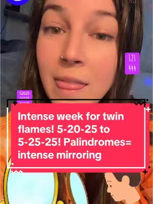 A selfie-style video cover shows a young woman with brown hair, a nose ring, and a pink tongue sticking out. Overlaid on the image is a red rectangle with text about twin flames and palindromes.