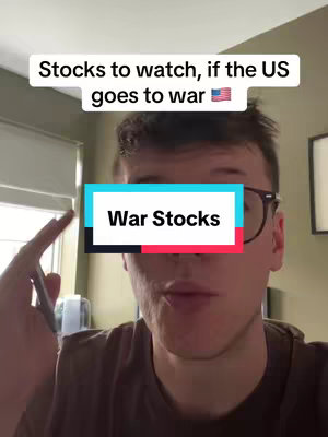 A man with glasses is looking at the camera. Text overlays on the image read "Stocks to watch, if the US goes to war" and "War Stocks". The American flag is also visible.