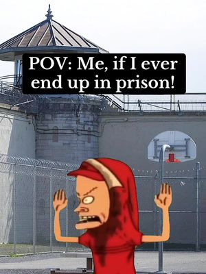 The image features an illustrated character from the Beavis and Butt-Head animated series superimposed onto a realistic prison scene. The character, with a red cap and red shirt, is rendered with a distinct cartoon style, including detailed facial expressions that suggest a mix of anxiety and aggression. Positioned against a backdrop of a prison yard, complete with fences, guard towers, and a basketball hoop.