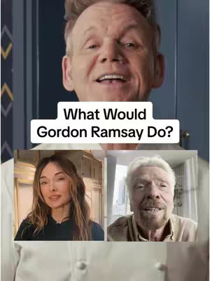 The image is composed of a central image of Gordon Ramsay at the top and three framed, lower images in a grid layout. The text is displayed with black letters in a white rectangle background.