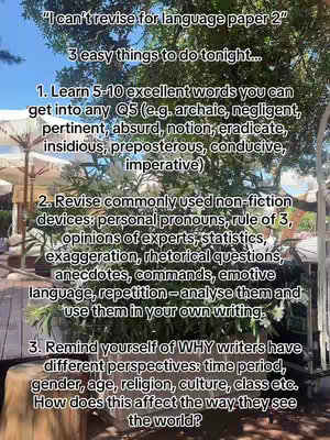The image is a vertical shot of an outdoor setting, likely taken during the daytime. The focus is on the text overlayed on top of a vibrant green tree with leaves and some white flowers. The text is black and arranged in a list format. The background has a blurred effect with parts of an outdoor restaurant visible with umbrellas and tables under them. Overall the composition appears natural with an emphasis on the educational content.