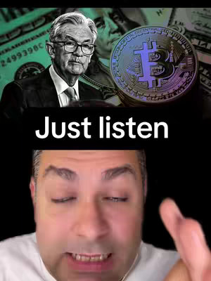 The image is a split screen. The top half features images of J. Powell, the US Federal Reserve Chairman, and a Bitcoin. The text overlay 'Just Listen' is visible. The bottom half of the image is the creator's face with eyes closed, lips pursed, and a hand pointing towards the right.