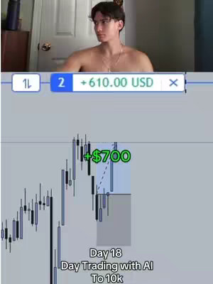 The image is a screen recording showing a young shirtless man, positioned in the top section. Overlaid on the screen is a financial trading interface with green and black candlestick charts, indicating the value of stocks or currency pairs. Text overlays highlight a gain of $700 and other trading related data.