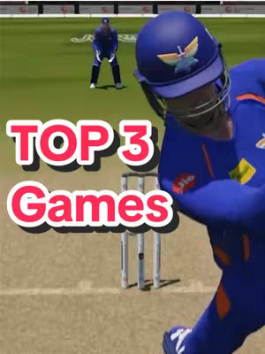 The cover image shows a screenshot from a cricket video game. It presents a dynamic view with a batsman in focus, readying for a shot, while a bowler is positioned in the background. The words 'TOP 3 Games' appear in bold, outlined text at the bottom. The overall composition emphasizes action and highlights a gameplay moment.
