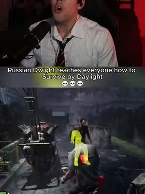 The image is a split-screen showing the content creator in the top half, a man with brown hair, wearing a white dress shirt and tie, with a microphone. The bottom half displays gameplay from Dead by Daylight, featuring characters in a game environment. Overlaid text indicates the Russian Dwight character within the context of the game.