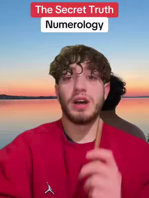 The cover image shows a man in a red shirt with a sunset landscape in the background. Text overlays read "The Secret Truth" in a red rectangular box, and "Numerology" in a white box.