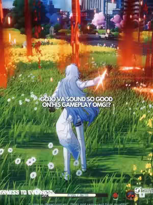 An anime-style character with long white hair and a blue and white outfit stands in a field of green grass with white flowers, forest in the background, with a superimposed text overlaid on top.