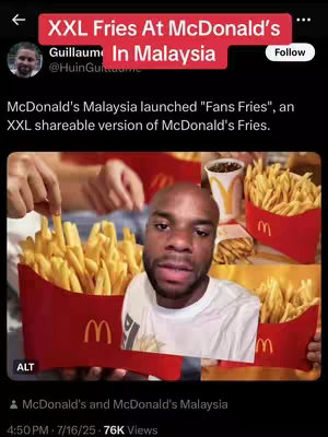 The cover image shows a man in the foreground with a self-shot video overlay. The background is a screengrab from social media that shows a McDonald's post highlighting the 'Fans Fries' from Malaysia. There are images of large portions of fries in red McDonald's packaging. The color palette consists primary colors of red and yellow.